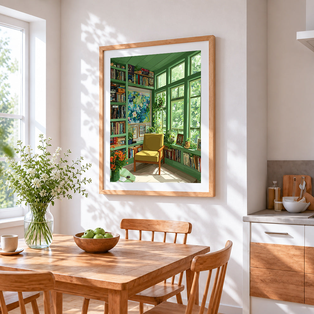 Sunlit green reading room cross stitch artwork displayed on wall as home decor