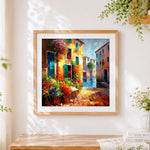 Finished sunlit italian alley with flower pots cross stitch artwork displayed