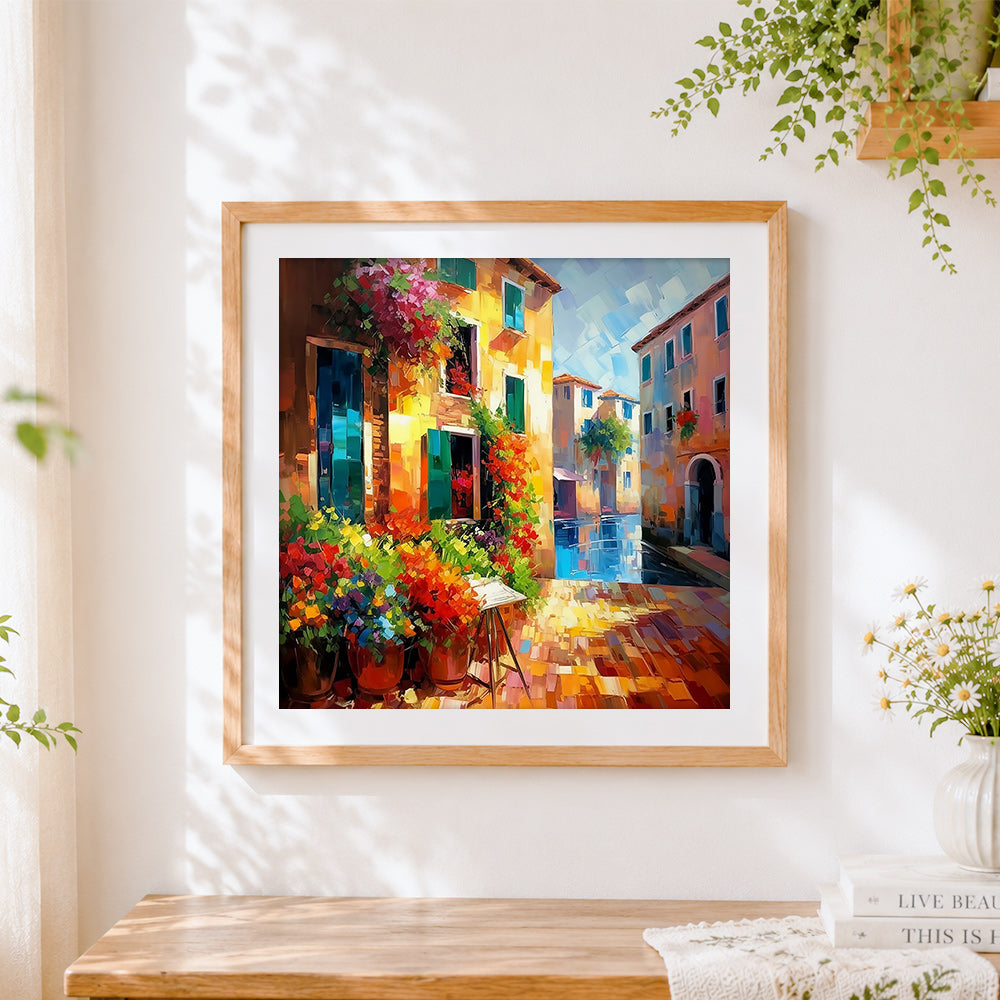 Finished sunlit italian alley with flower pots cross stitch artwork displayed