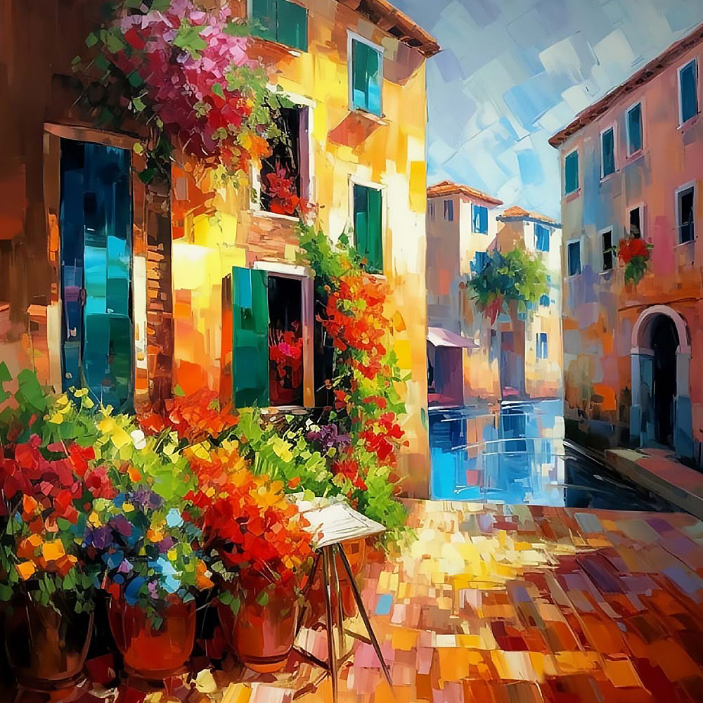 Sunlit italian alley with flower pots cross stitch kit for beginners