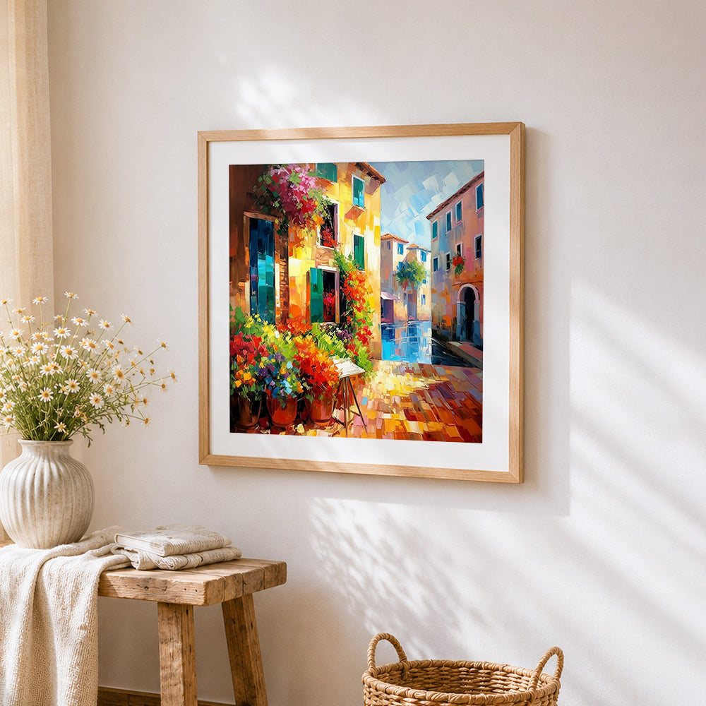 Sunlit italian alley with flower pots cross stitch artwork displayed on wall as home decor