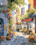 Sunlit italian cafe street cross stitch kit for beginners