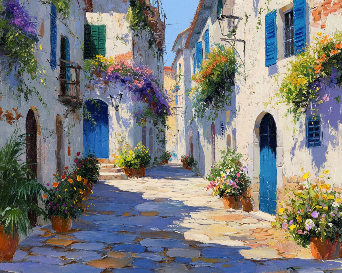 Sunlit mediterranean alleyway cross stitch kit for beginners