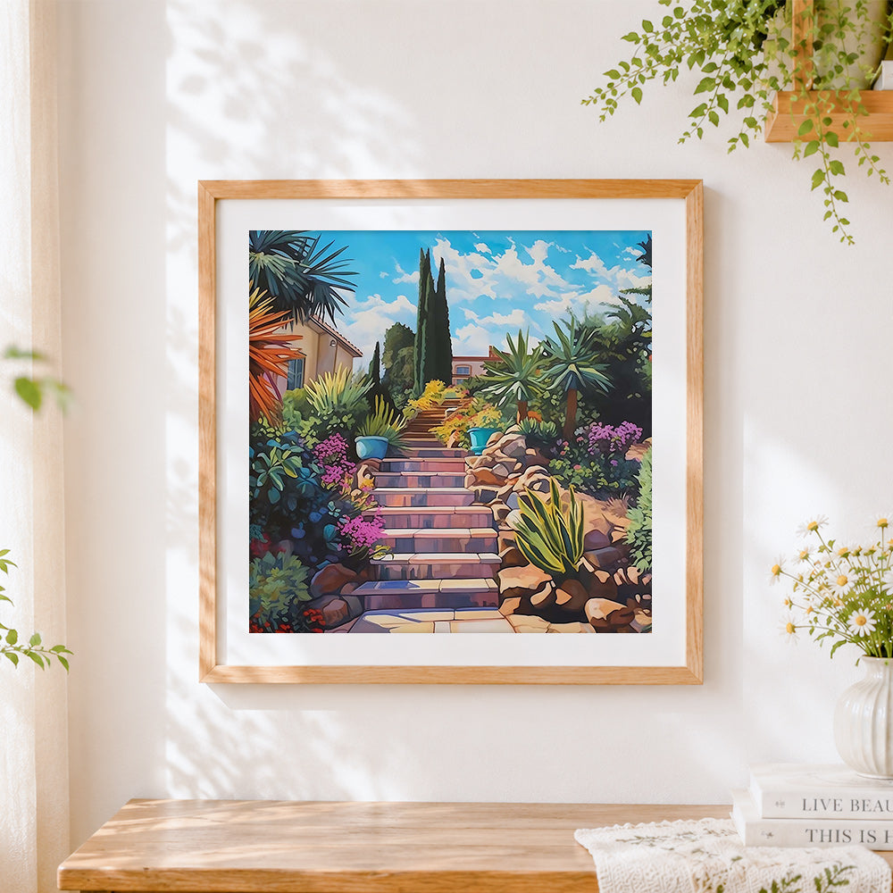 Finished sunlit mediterranean garden steps cross stitch artwork displayed