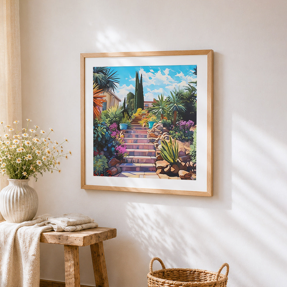 Sunlit mediterranean garden steps cross stitch artwork displayed on wall as home decor