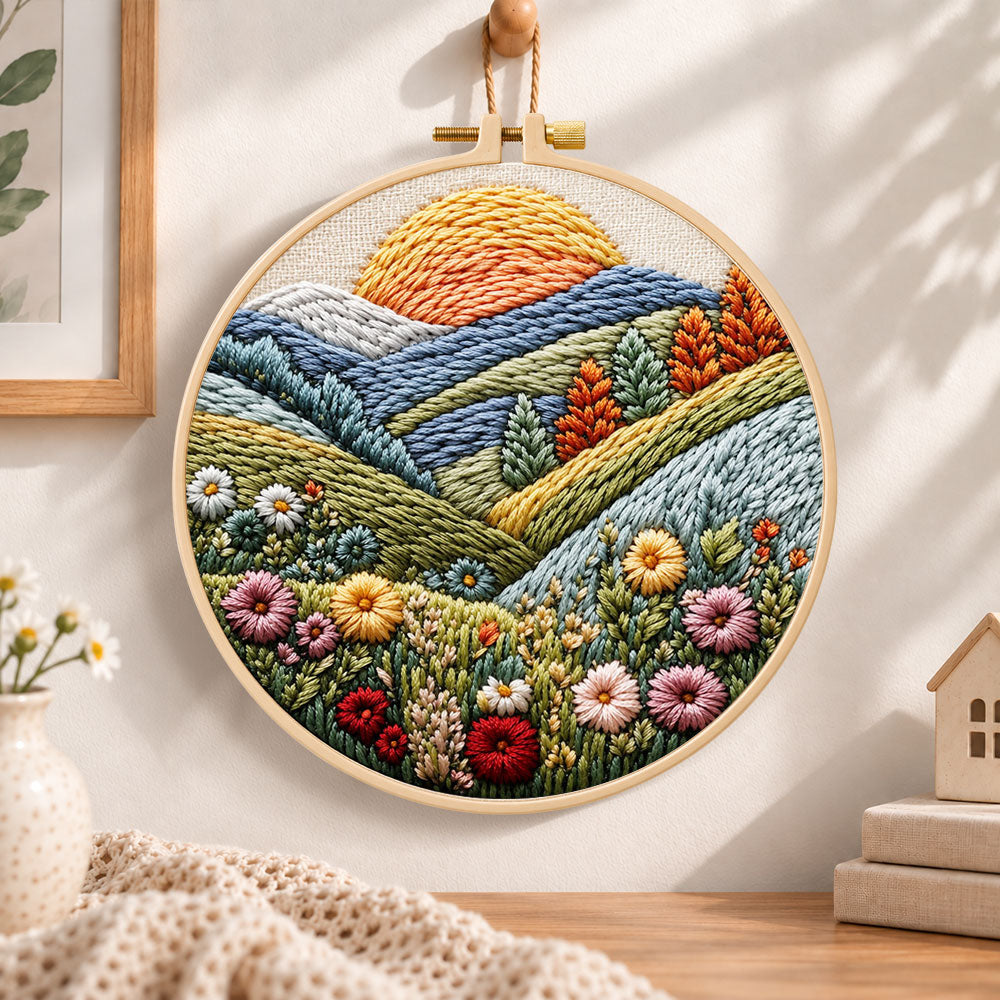 Sunlit mountain wildflowers embroidery hoop wall art displayed as warm and cozy handmade home decor