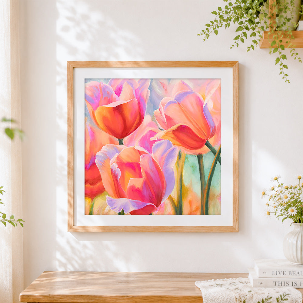 Finished sunlit pink and orange tulips paint by numbers artwork displayed as home decor