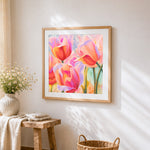 Sunlit pink and orange tulips paint by numbers artwork displayed on wall as home decor