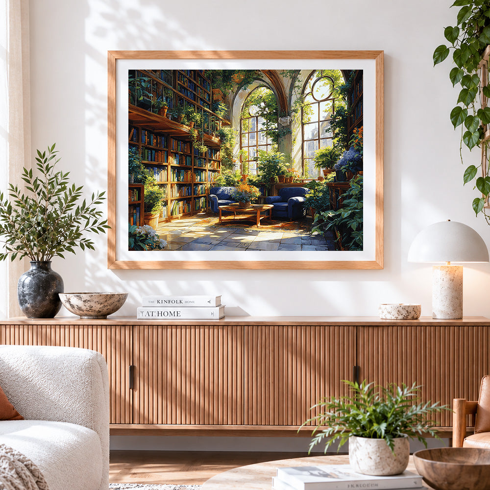 Finished sunlit reading room with plants paint by numbers artwork displayed as home decor