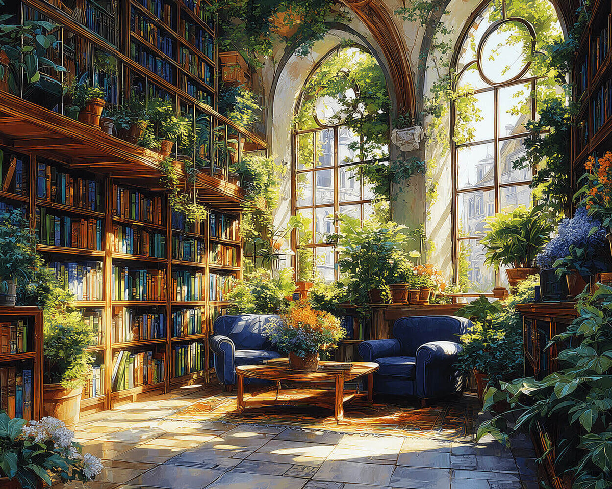 Sunlit reading room with plants paint by numbers kit for beginners