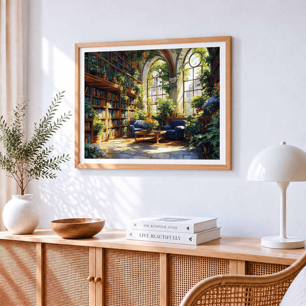 Sunlit reading room with plants paint by numbers artwork displayed on wall as home decor
