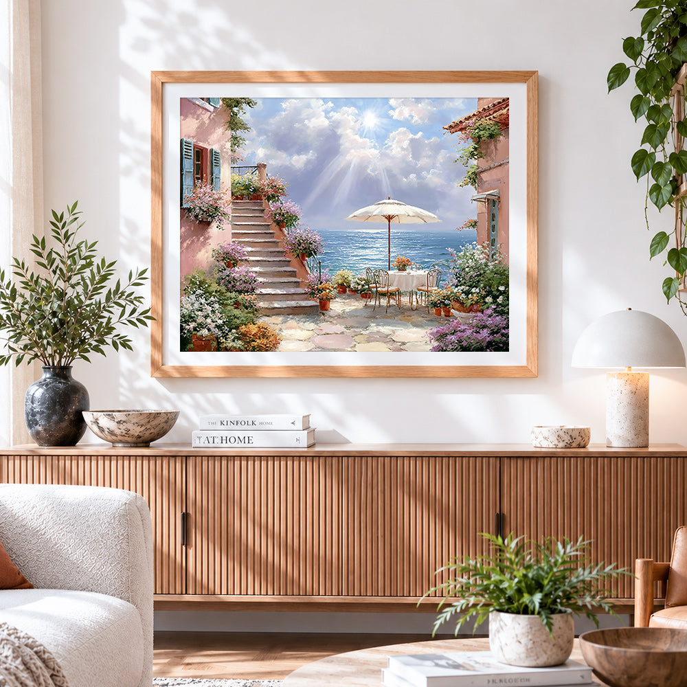 Finished sunlit terrace with sea view paint by numbers artwork displayed as home decor