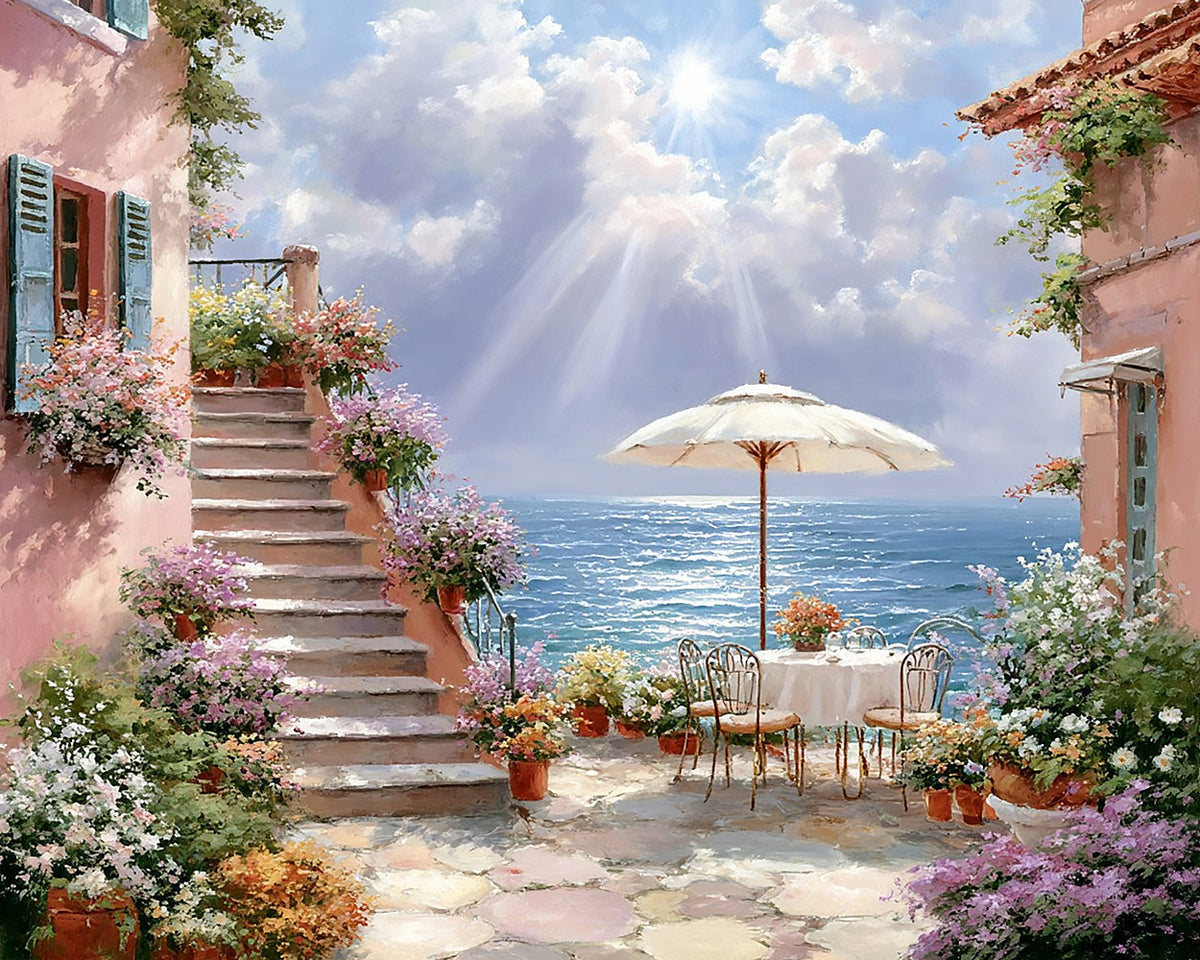 Sunlit terrace with sea view paint by numbers kit for beginners