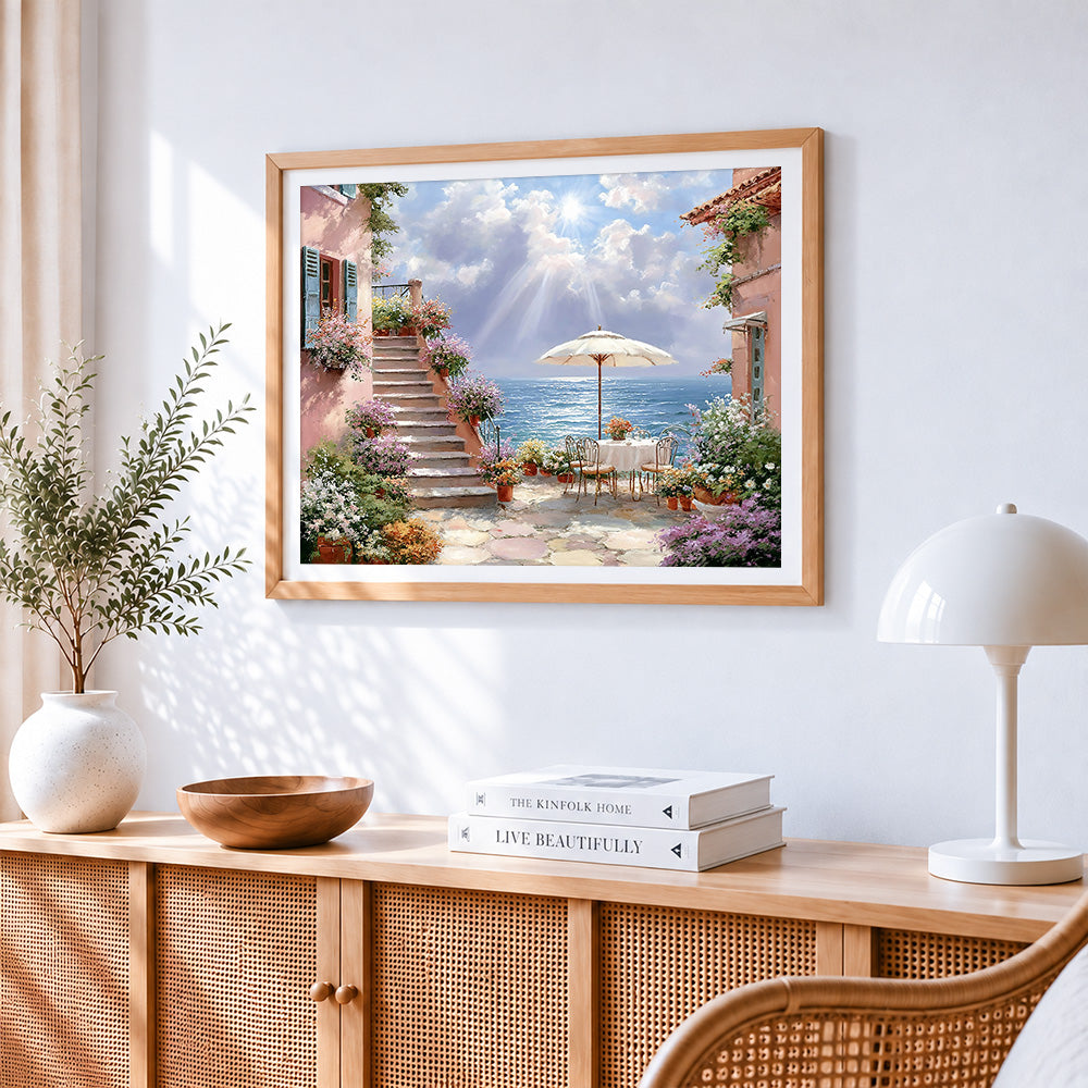 Sunlit terrace with sea view paint by numbers artwork displayed on wall as home decor