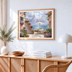 Sunlit terrace with sea view paint by numbers artwork displayed on wall as home decor