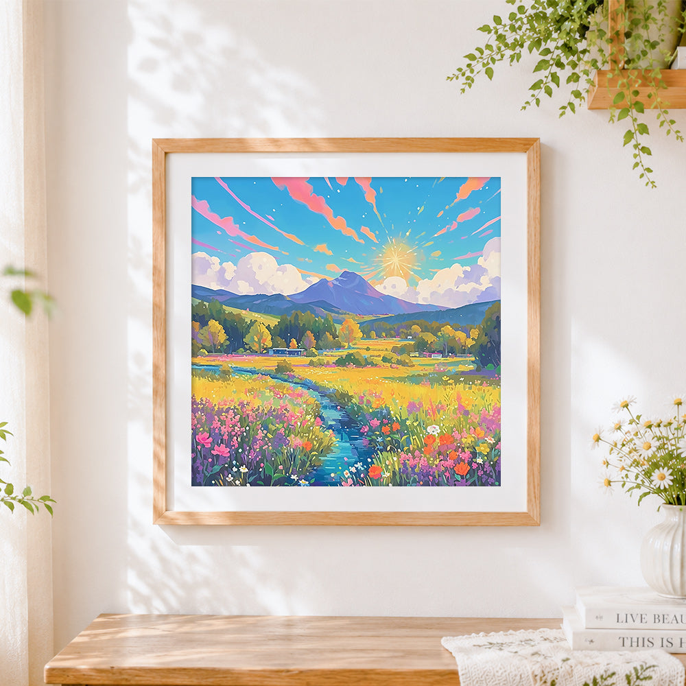 Finished sunlit valley with wildflowers cross stitch artwork displayed