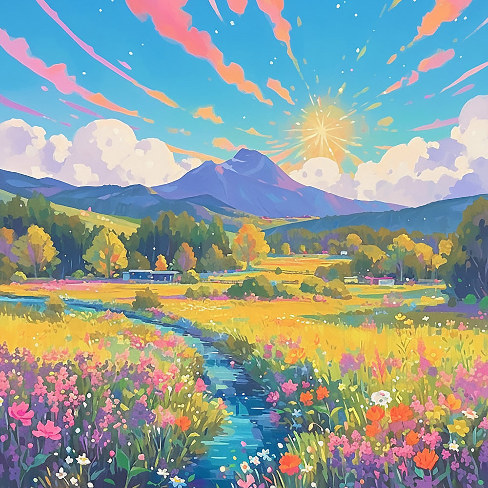 Sunlit valley with wildflowers cross stitch kit for beginners