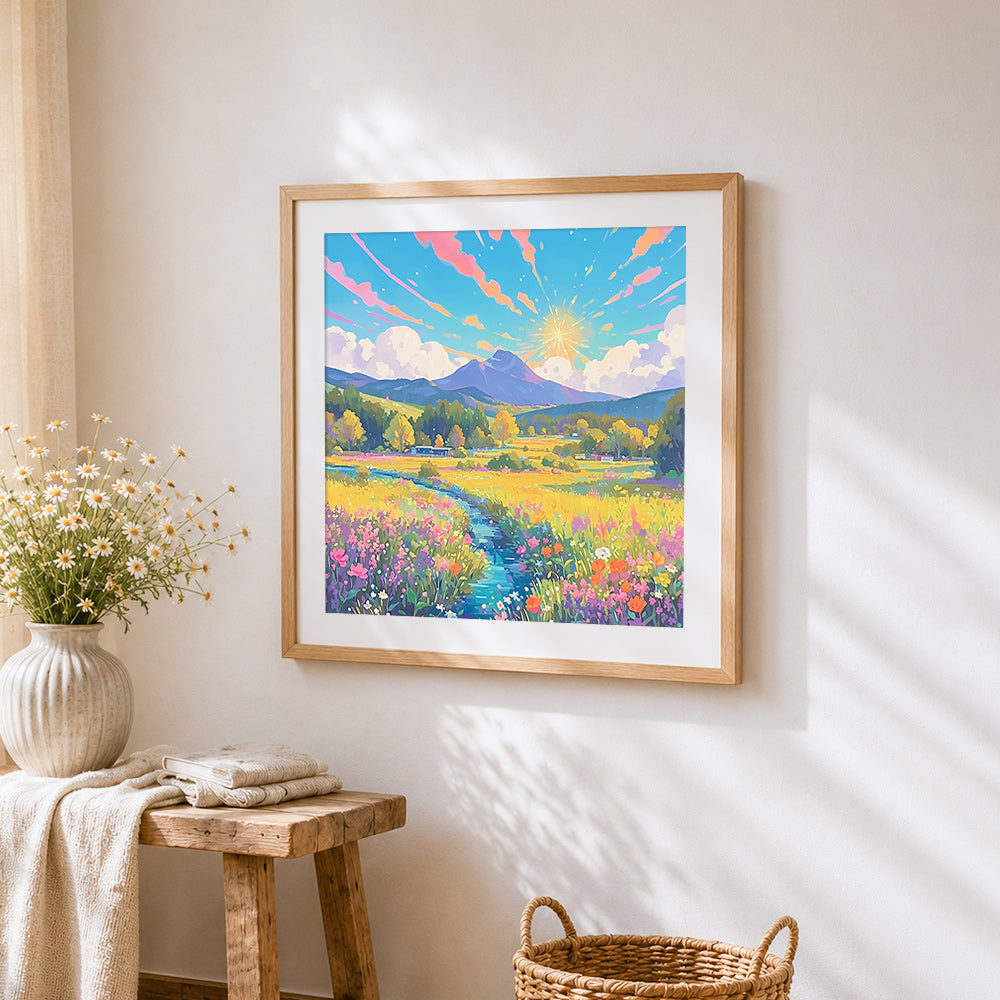 Sunlit valley with wildflowers cross stitch artwork displayed on wall as home decor