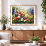Finished sunlit wildflower meadow cross stitch artwork displayed