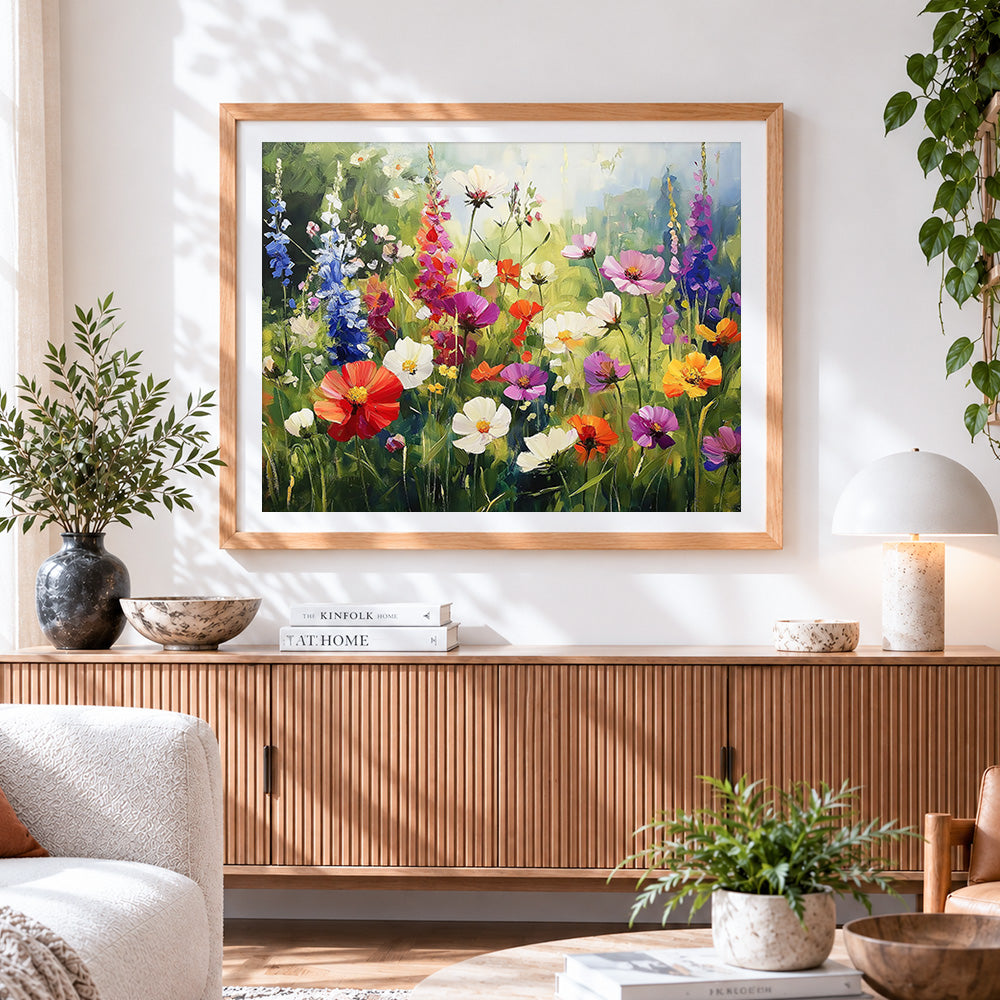 Finished sunlit wildflower meadow cross stitch artwork displayed