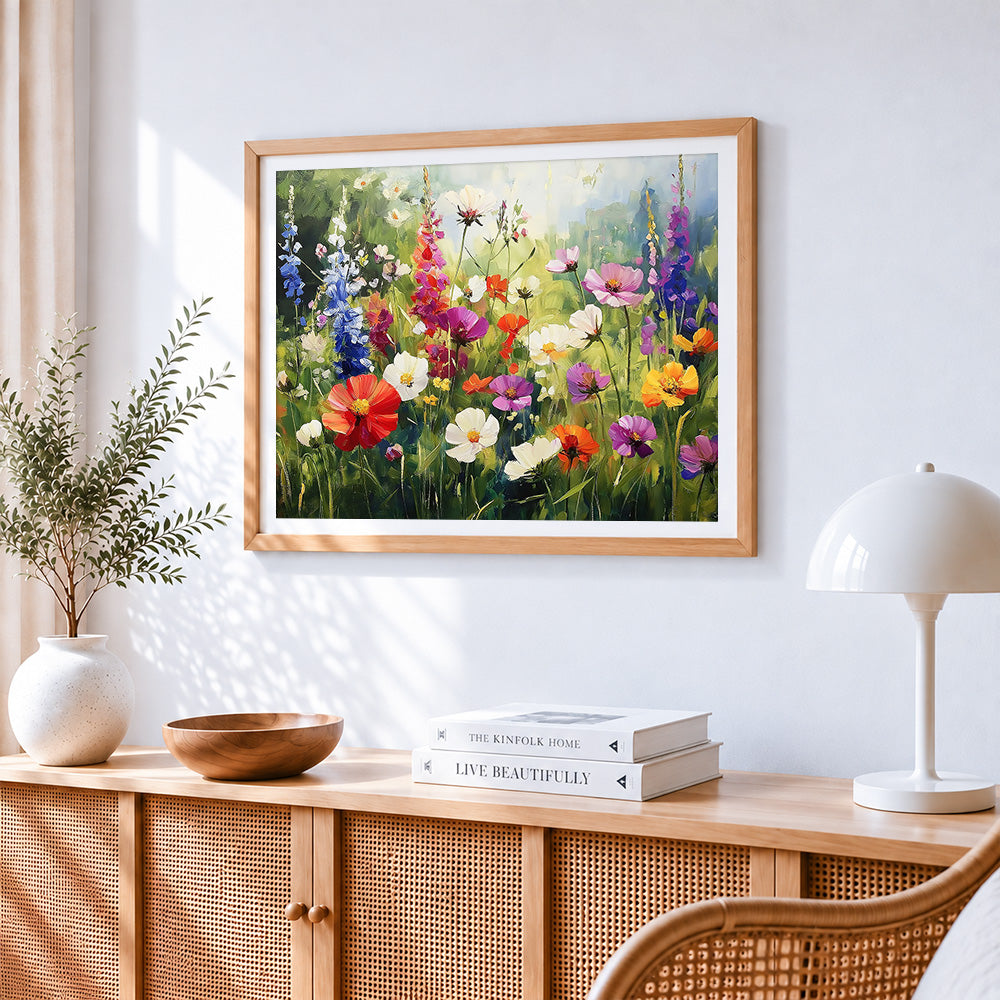 Sunlit wildflower meadow cross stitch artwork displayed on wall as home decor