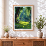 Finished sunlit willow forest cross stitch artwork displayed