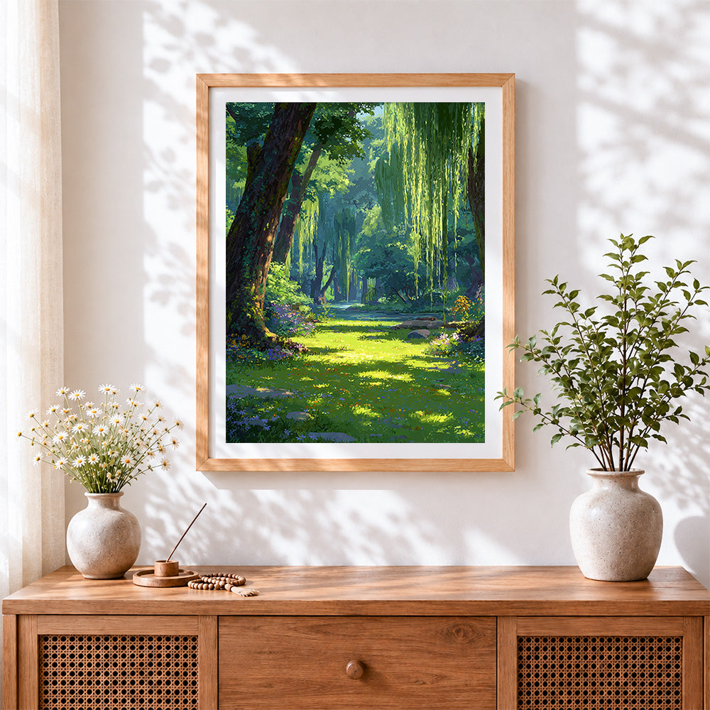 Finished sunlit willow forest cross stitch artwork displayed