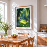 Sunlit willow forest cross stitch artwork displayed on wall as home decor