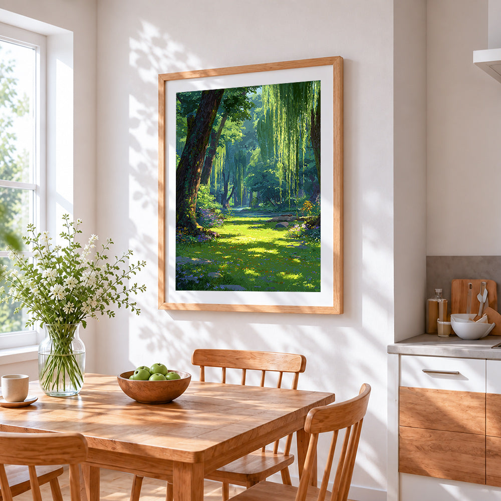 Sunlit willow forest cross stitch artwork displayed on wall as home decor