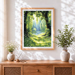 Finished sunlit willow trees and stream cross stitch artwork displayed
