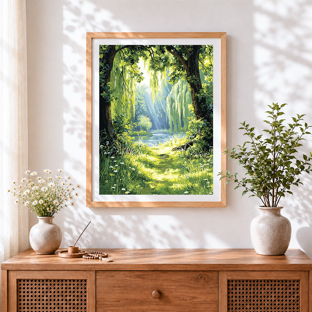 Finished sunlit willow trees and stream cross stitch artwork displayed