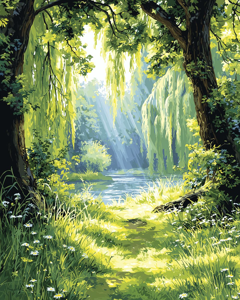 Sunlit willow trees and stream cross stitch kit for beginners