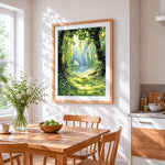 Sunlit willow trees and stream cross stitch artwork displayed on wall as home decor