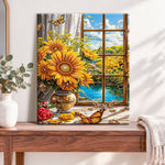 Finished sunlit window blooms pearl diamond painting artwork displayed as home decor