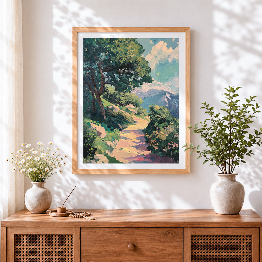 Finished sunlit woodland path cross stitch artwork displayed