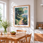 Sunlit woodland path cross stitch artwork displayed on wall as home decor