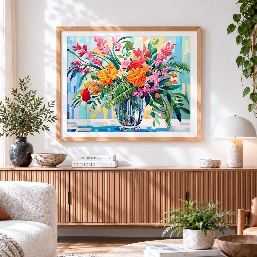 Finished sunmmer flowers in a glass vase paint by numbers artwork displayed as home decor