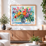 Finished sunmmer flowers in a glass vase paint by numbers artwork displayed as home decor