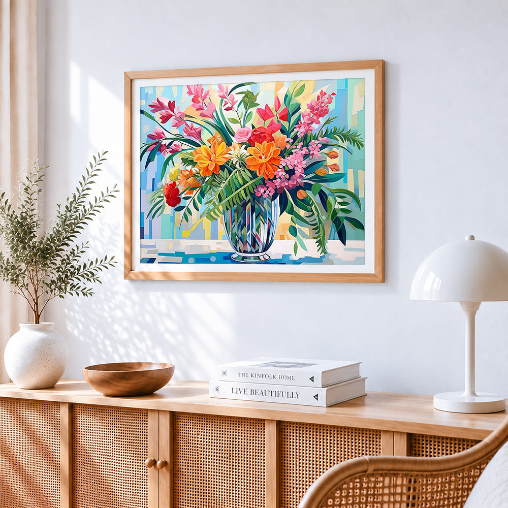 Sunmmer flowers in a glass vase paint by numbers artwork displayed on wall as home decor