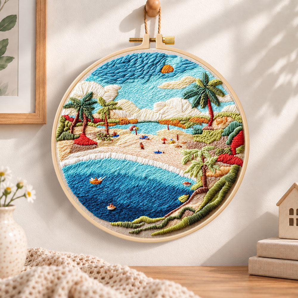 Sunny beach bay embroidery hoop wall art displayed as warm and cosy handmade home decor