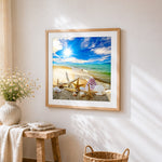 Sunny beach with starfish and shells cross stitch artwork displayed on wall as home decor