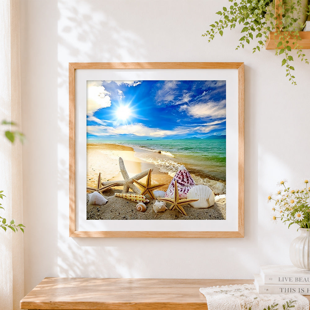 Finished sunny beach with starfish and shells paint by numbers artwork displayed as home decor