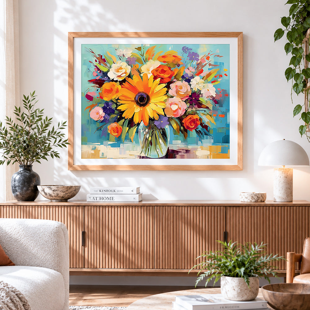Finished sunny flowers in glass vase paint by numbers artwork displayed as home decor