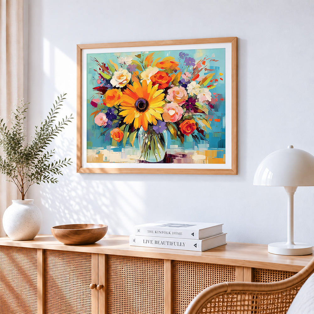 Sunny flowers in glass vase paint by numbers artwork displayed on wall as home decor