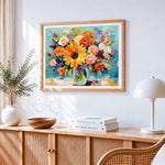 Sunny flowers in glass vase paint by numbers artwork displayed on wall as home decor