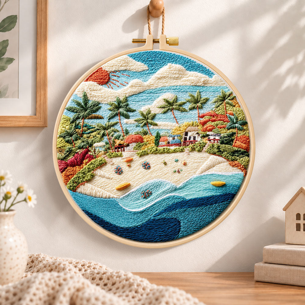 Sunny tropical beach embroidery hoop wall art displayed as warm and cosy handmade home decor