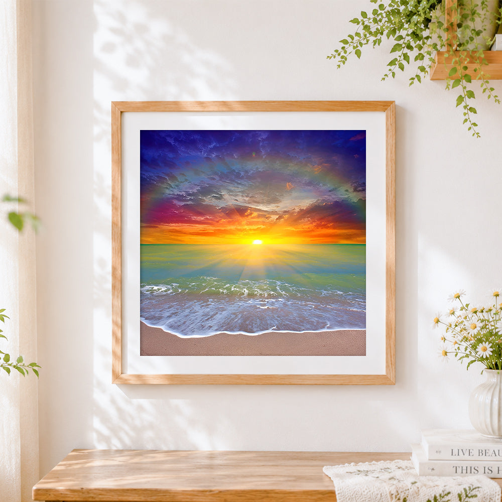 Finished sunrise over ocean with sunbeams cross stitch artwork displayed