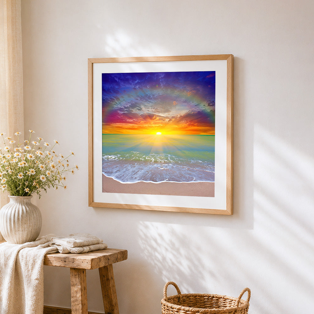 Sunrise over ocean with sunbeams cross stitch artwork displayed on wall as home decor