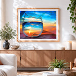 Finished sunset and birds in a wine glass paint by numbers artwork displayed as home decor
