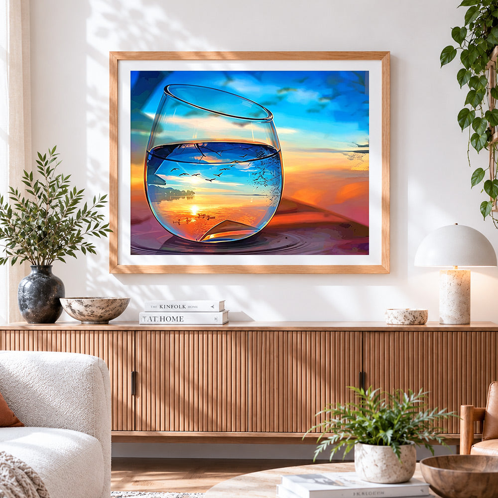 Finished sunset and birds in a wine glass paint by numbers artwork displayed as home decor